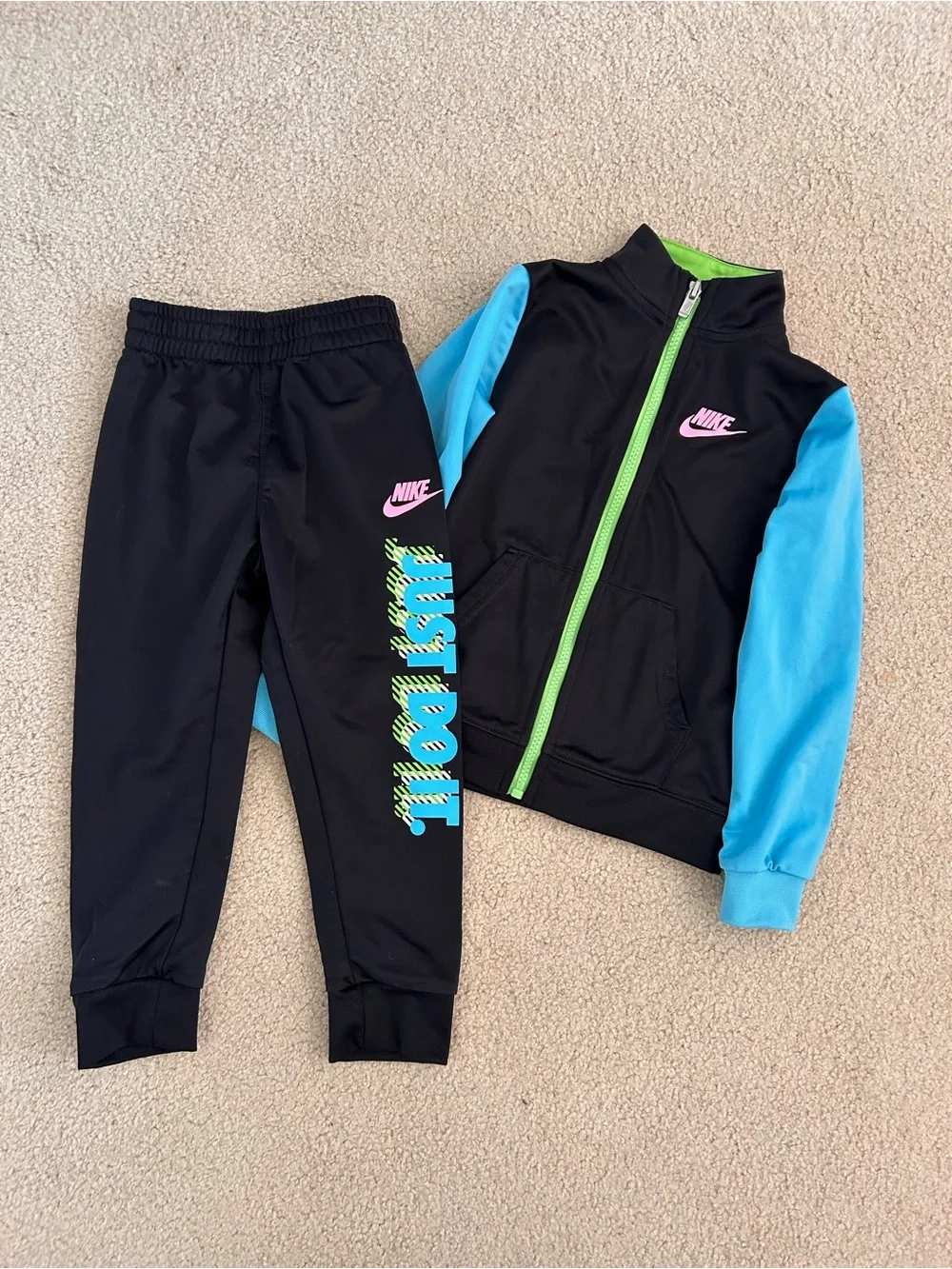 Nike Kids Black Sweatpants with Blue & Neon Green 'Just Do It' Graphic